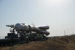Soyuz spaceship going to launchpad.Baikonur.